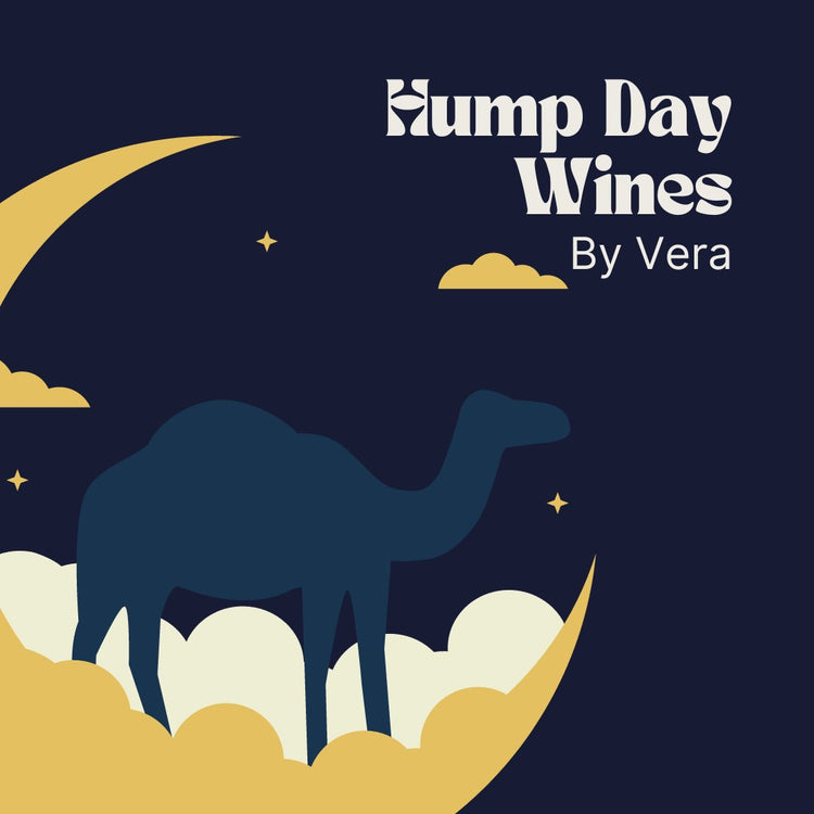Hump Day Wines, by Vera. Image features a camel backlit by the moon, stars and clouds.